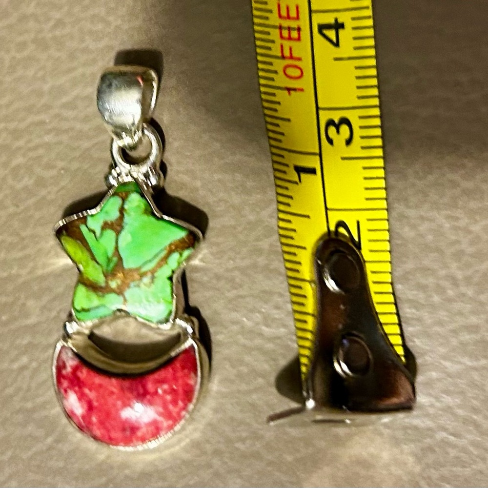 Green copper turquoise star with Pink Dahlia crescent 925